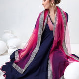 Navy Blue Cotton Anarkali Set With Scalloped Gold Hem