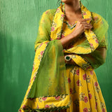 Sunflower Yellow Floral Printed Crepe Anarkali Set