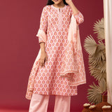 Block Printed Pink Cotton Straight Kurta With Palazzo Set