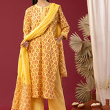 Block Printed Yellow Cotton Straight Kurta With Palazzo Set
