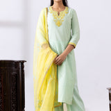 Sea Green Dori Embroidery Chanderi Straight Kurti Palazzo Set