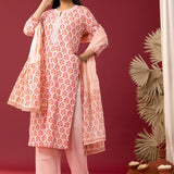 Block Printed Pink Cotton Straight Kurta With Palazzo Set