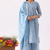 Block Printed Blue Cotton Straight Kurta With Palazzo Set