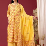 Block Printed Yellow Cotton Straight Kurta With Palazzo Set