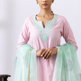 Light Pink Dori Embroidery Chanderi Straight Kurti Palazzo Set