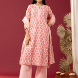 Block Printed Pink Cotton Straight Kurta With Palazzo Set