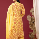 Block Printed Yellow Cotton Straight Kurta With Palazzo Set