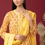 Block Printed Yellow Cotton Straight Kurta With Palazzo Set
