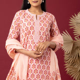 Block Printed Pink Cotton Straight Kurta With Palazzo Set