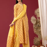 Block Printed Yellow Cotton Straight Kurta With Palazzo Set