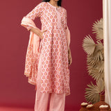 Block Printed Pink Cotton Straight Kurta With Palazzo Set