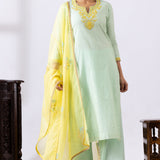 Sea Green Dori Embroidery Chanderi Straight Kurti Palazzo Set