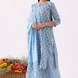 Block Printed Blue Cotton Straight Kurta With Palazzo Set