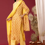 Block Printed Yellow Cotton Straight Kurta With Palazzo Set
