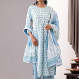 Blue Cotton Straight Kurta And Pant Set With Dupatta