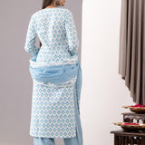 Blue Cotton Straight Kurta And Pant Set With Dupatta