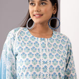 Blue Cotton Straight Kurta And Pant Set With Dupatta