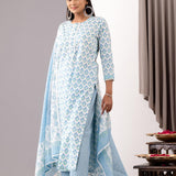 Blue Cotton Straight Kurta And Pant Set With Dupatta