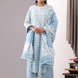 Blue Cotton Straight Kurta And Pant Set With Dupatta
