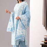Blue Cotton Straight Kurta And Pant Set With Dupatta