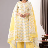Yellow Cotton Straight Kurta And Pant Set With Dupatta