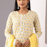 Yellow Cotton Straight Kurta And Pant Set With Dupatta