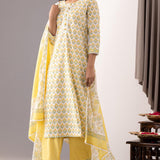 Yellow Cotton Straight Kurta And Pant Set With Dupatta