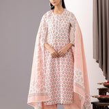 Pink Cotton Straight Kurta And Pant Set With Dupatta