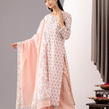 Pink Cotton Straight Kurta And Pant Set With Dupatta