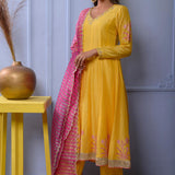 Mustard Yellow Cotton Silk Anarkali Set