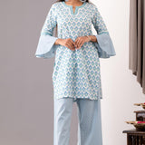 Blue Block Printed Cotton Straight Kurta And Palazzo