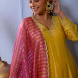 Mustard Yellow Cotton Silk Anarkali Set