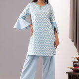 Blue Block Printed Cotton Straight Kurta And Palazzo