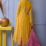 Mustard Yellow Cotton Silk Anarkali Set