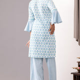 Blue Block Printed Cotton Straight Kurta And Palazzo