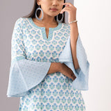 Blue Block Printed Cotton Straight Kurta And Palazzo