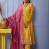 Mustard Yellow Cotton Silk Anarkali Set