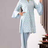 Blue Block Printed Cotton Straight Kurta And Palazzo