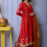 Red Cotton Silk Anarkali Set