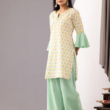 Light Green Block Printed Cotton Straight Kurta And Palazzo