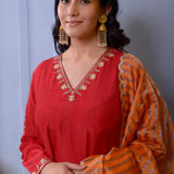 Red Cotton Silk Anarkali Set