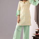 Light Green Block Printed Cotton Straight Kurta And Palazzo