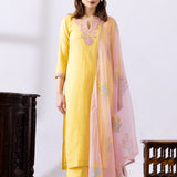 Yellow Dori Embroidery Chanderi Straight Kurti Palazzo Set