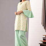 Light Green Block Printed Cotton Straight Kurta And Palazzo