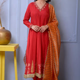 Red Cotton Silk Anarkali Set