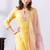 Yellow Dori Embroidery Chanderi Straight Kurti Palazzo Set