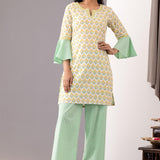 Light Green Block Printed Cotton Straight Kurta And Palazzo