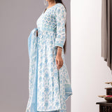 Block Printed Blue Cotton Kurta Set With Dupatta