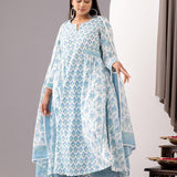 Block Printed Blue Cotton Kurta Set With Dupatta
