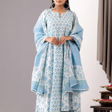Block Printed Blue Cotton Kurta Set With Dupatta